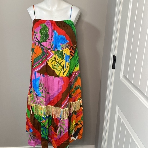 Farm Rio Anthropologie Dress Palila Tropical Printed Fringe Casual Midi Sz S NEW - Picture 3 of 16